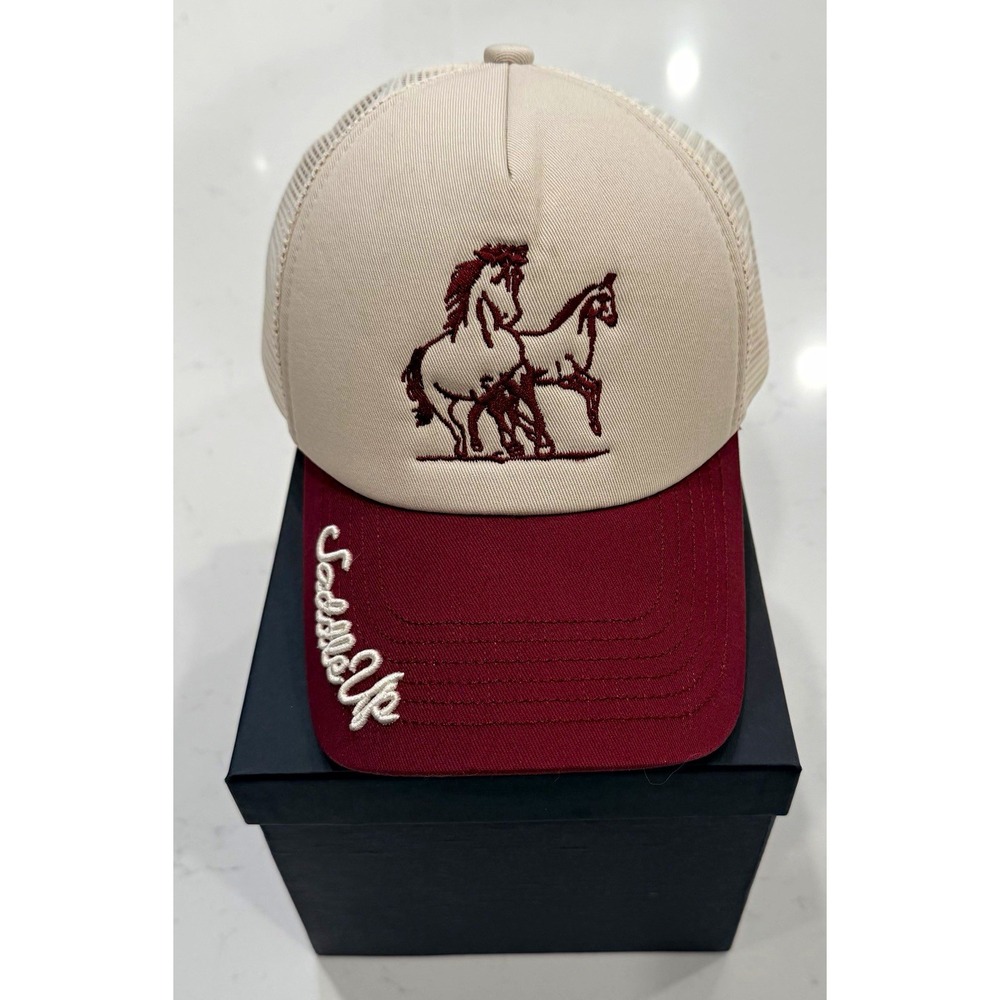 Worn / West Trucker Hat Beige/Burgundy Mesh Back Adjustable One Size Saddle Up